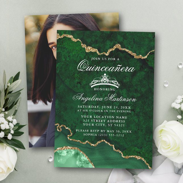 Quinceanera Green Gold Marble Agate Geode Photo Invitation (Customize to change text size or text style.)