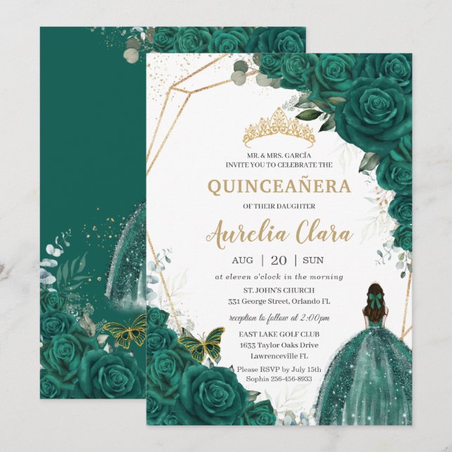 Quinceañera Green Roses Floral Gold Princess Crown Invitation (Front/Back)