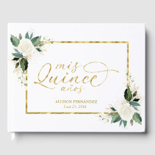 Quinceanera Guest Book Gold Foil White Floral