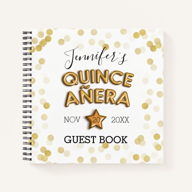 Quinceañera Guestbook Gold Balloons Confetti Notebook (Front)