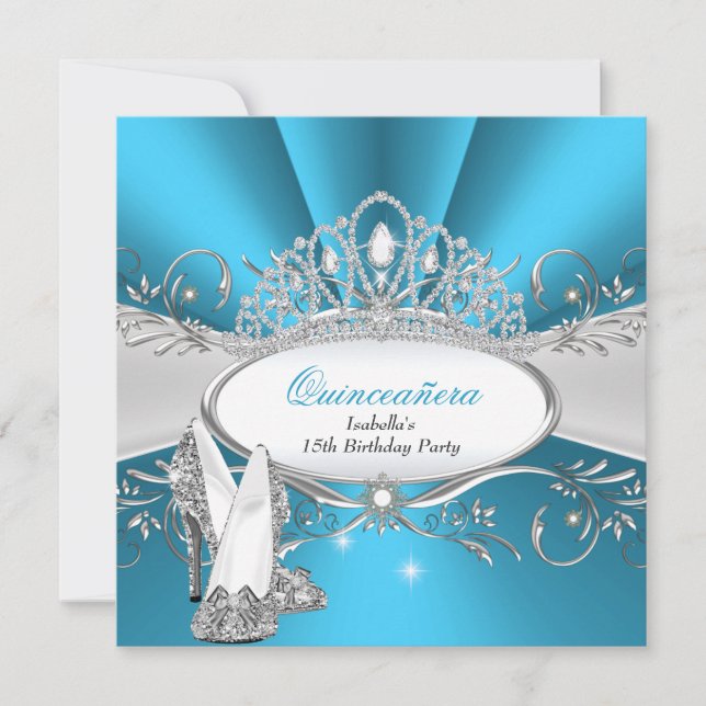 QUINCEANERA High Heels Blue Diamond Tiara Invitation (Front)