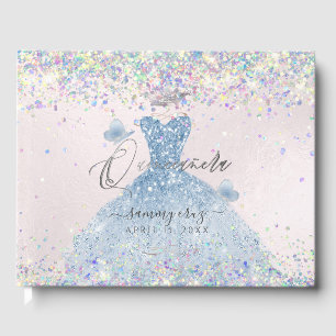 Quinceanera Holographic Confetti Dusty Blue Dress Guest Book