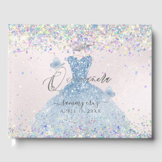 Quinceanera Holographic Confetti Dusty Blue Dress  Guest Book