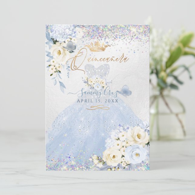 Quinceanera Holographic Dusty Blue Silver Dress Invitation (Standing Front)