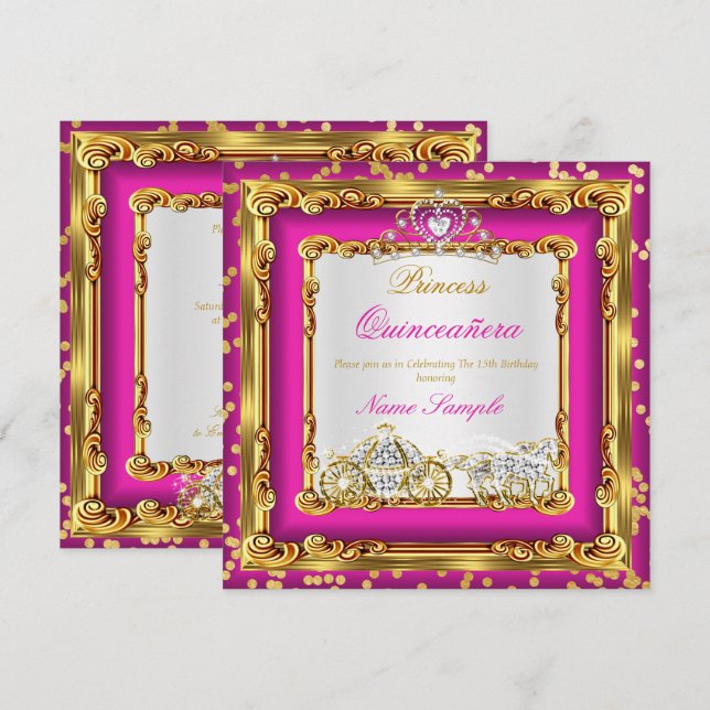 Quinceanera Hot Pink Gold Diamond Horse Carriage Invitation (Front/Back)