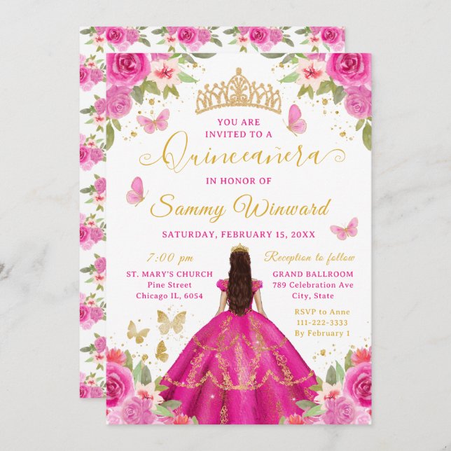 Quinceañera Hot Pink Princess Brunette Girl Invitation (Front/Back)