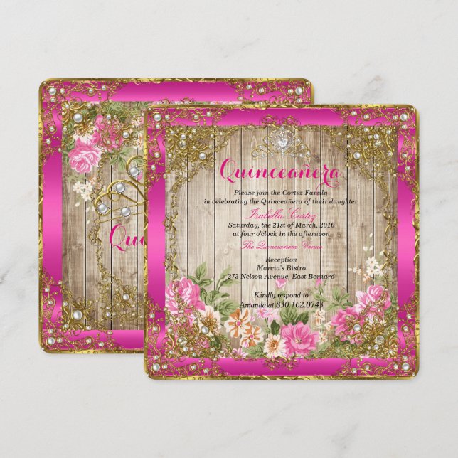 Quinceanera Hot Pink Rustic Wood Floral Gold Invitation (Front/Back)