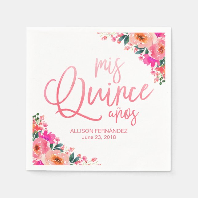 Quinceanera Hot Pink Watercolor Floral Napkins (Front)