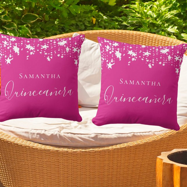 Quinceanera hot pink white stars name cushion (Creator Uploaded)