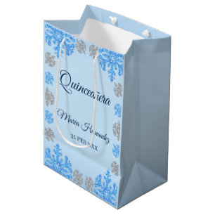 Quinceañera Ice Blue Silver Winter Snowflake Medium Gift Bag