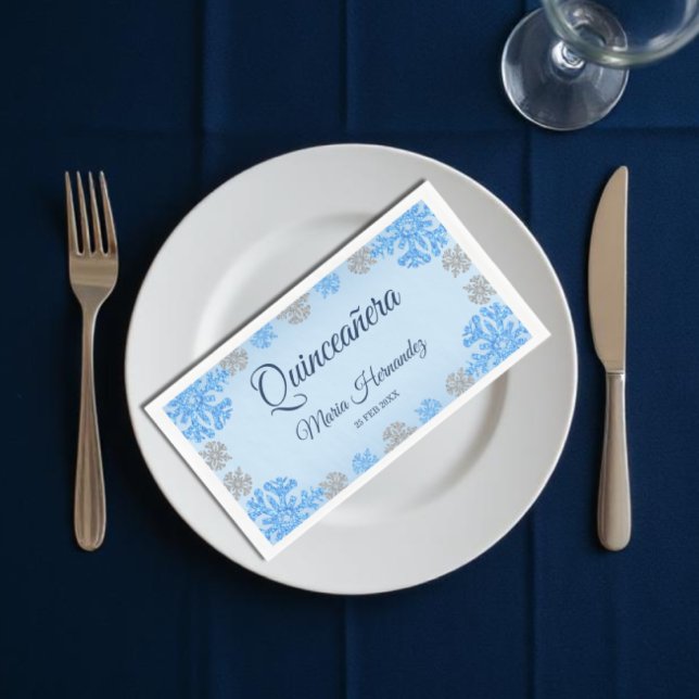 Quinceañera Ice Blue Silver Winter Snowflake Napkin (Creator Uploaded)