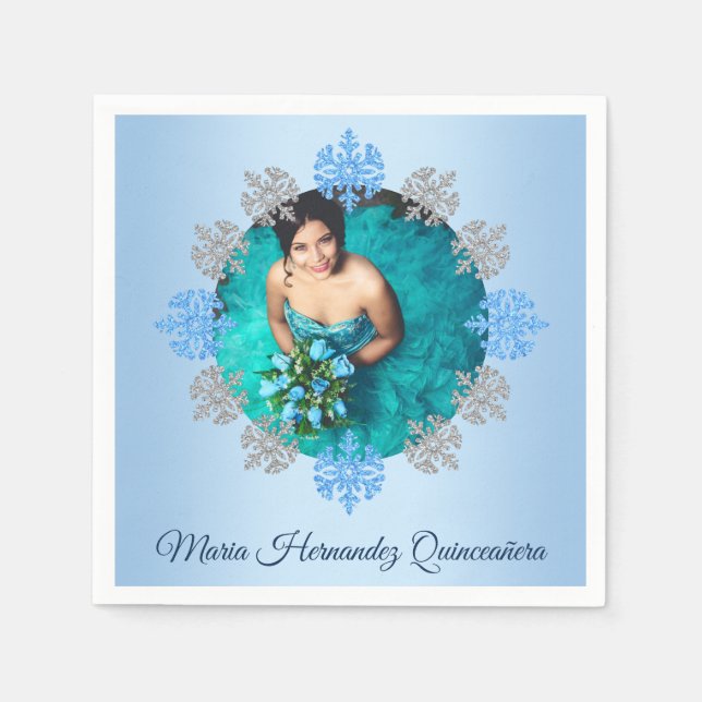 Quinceañera Ice Blue Silver Winter Snowflake Napkin (Front)