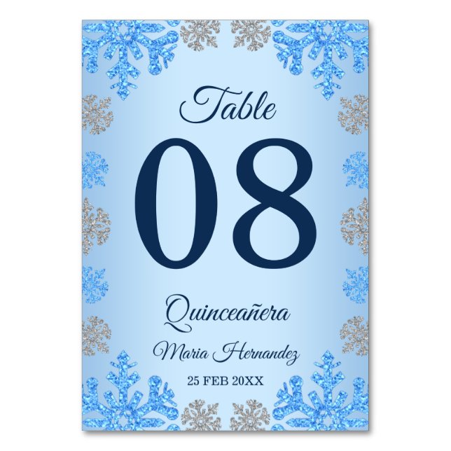 Quinceañera Ice Blue Silver Winter Snowflake Table Number (Front)