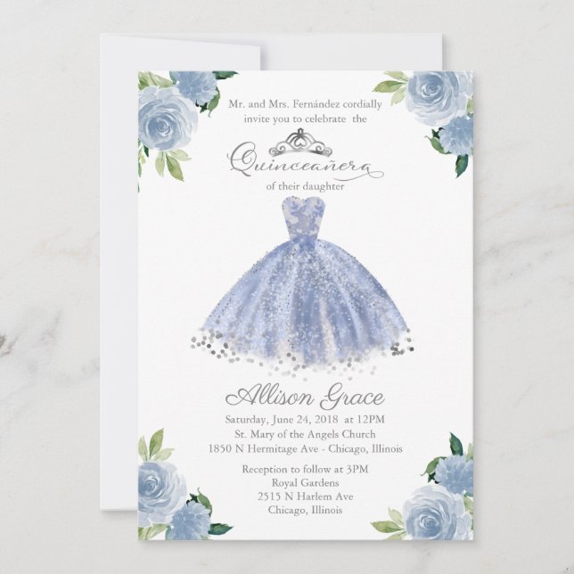 Quinceanera Invitation Bilingual Blue Blush Gown (Front)