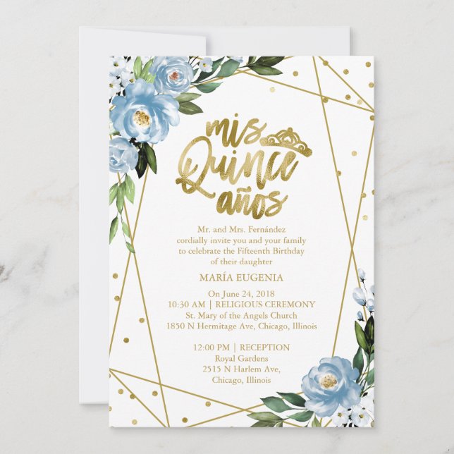 Quinceanera Invitation Bilingual Blue Gold Foil (Front)