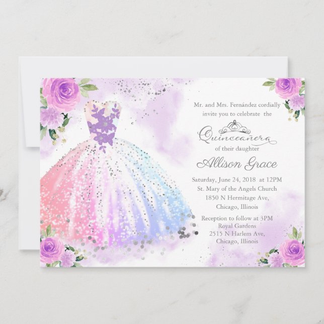 Quinceanera Invitation Bilingual Pastel Colours (Front)