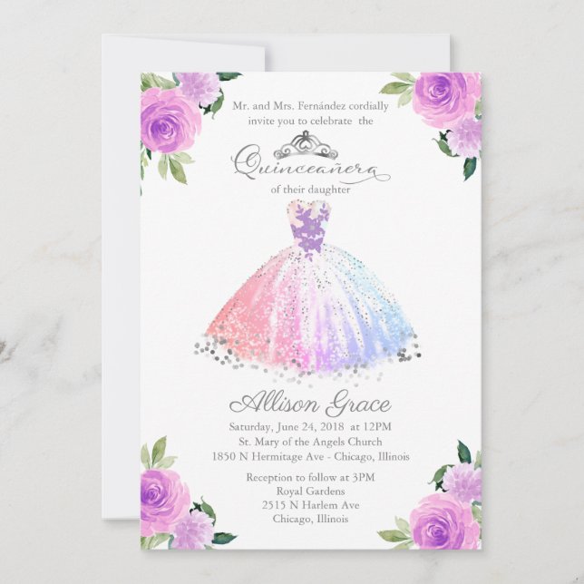 Quinceanera Invitation Bilingual Pastel Colours (Front)