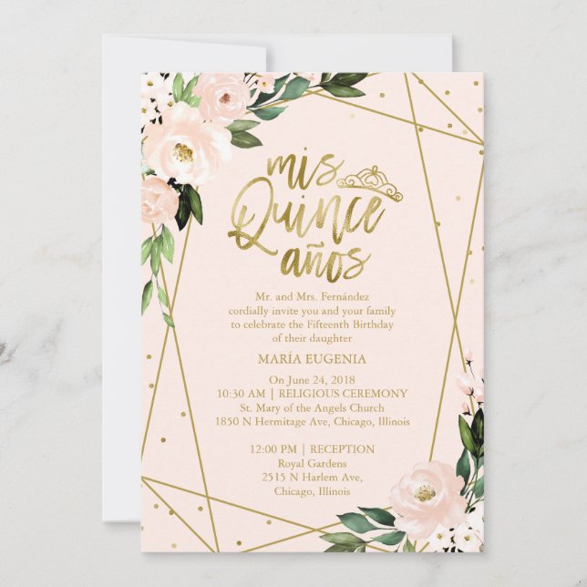Quinceanera Invitation Bilingual Pink Blush (Front)