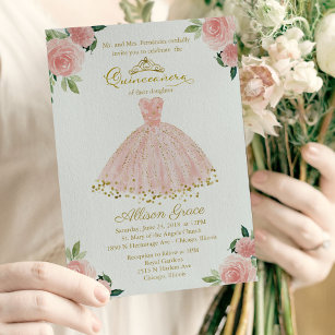 Quinceanera Invitation Bilingual Pink Blush Gown