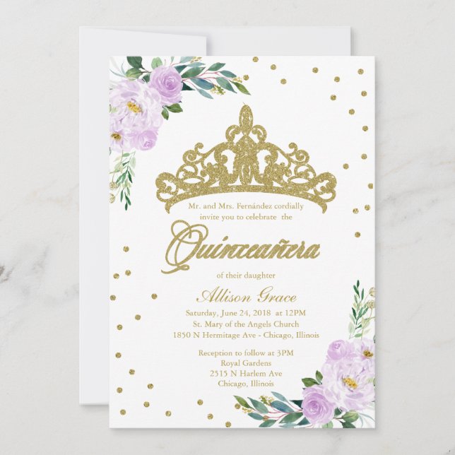 Quinceanera Invitation Bilingual Tiara Lilac (Front)