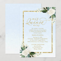 Quinceanera Invitation Dusty Blue Gold Foil Floral