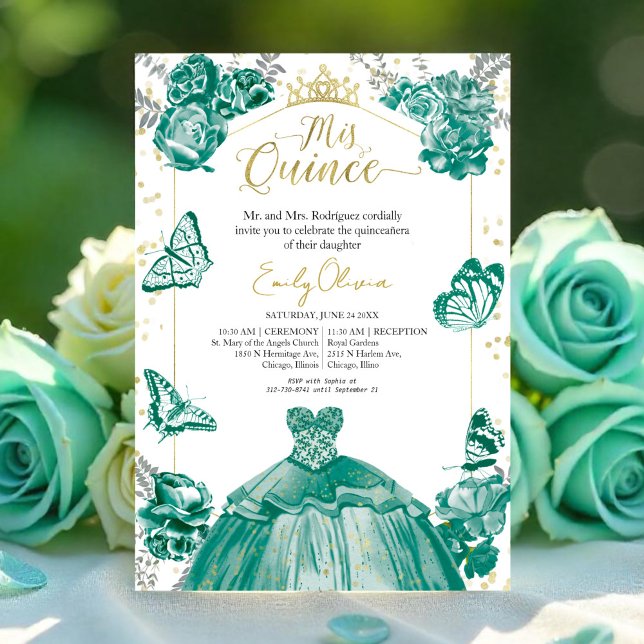 Quinceanera Invitation Emerald Green Dress Floral (Creator Uploaded)