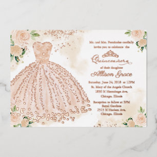 Quinceanera Invitation Floral Blush Gown Rose Gold