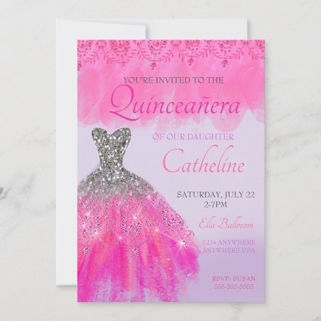 Quinceanera Invitation fuscia15th birthday (Front)