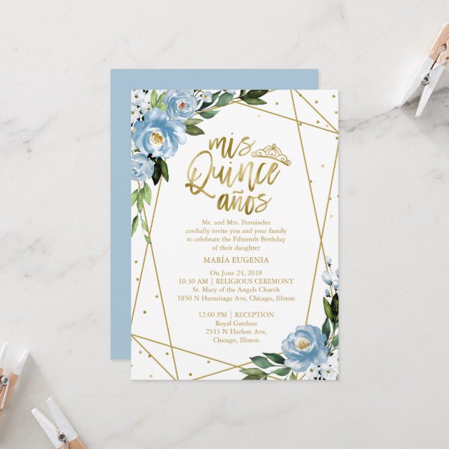 Quinceanera Invitation Gold Foil Dusty Blue Floral (Front/Back In Situ)
