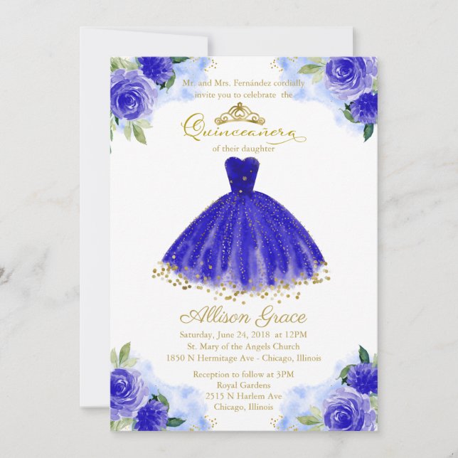 Quinceanera Invitation Gold Foil Royal Blue Dress (Front)