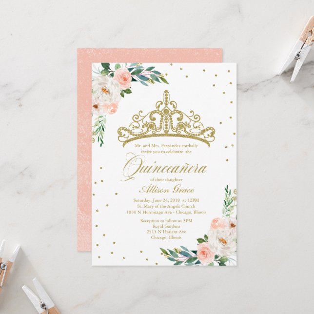 Quinceanera Invitation Gold Tiara And Pink Flowers (Front/Back In Situ)