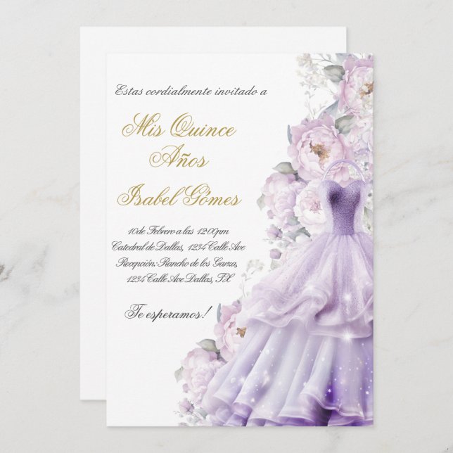 Quinceanera invitation in Spanish con vestido  (Front/Back)