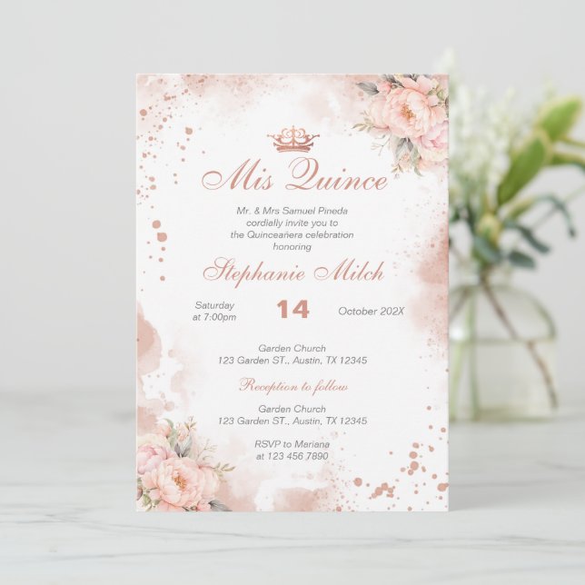 Quinceanera Invitation pink floral (Standing Front)