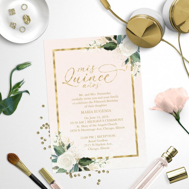Quinceanera Invitation Pink Gold Foil Floral (Creator Uploaded)