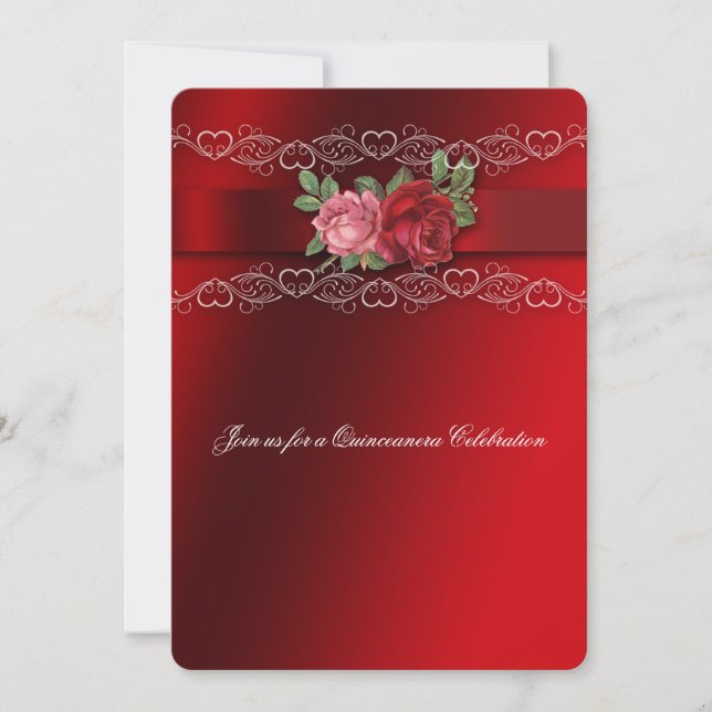 Quinceanera Invitation Red Pink Roses, Lace (Front)
