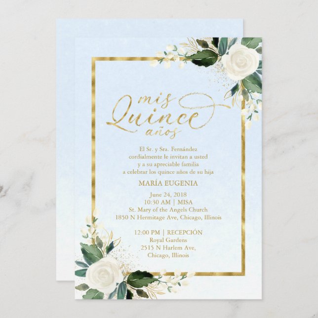 Quinceanera Invitation Spanish Blue Gold Foil (Front/Back)