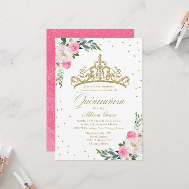 Quinceanera Invitation Spanish Gold Tiara Hot Pink (Front/Back In Situ)