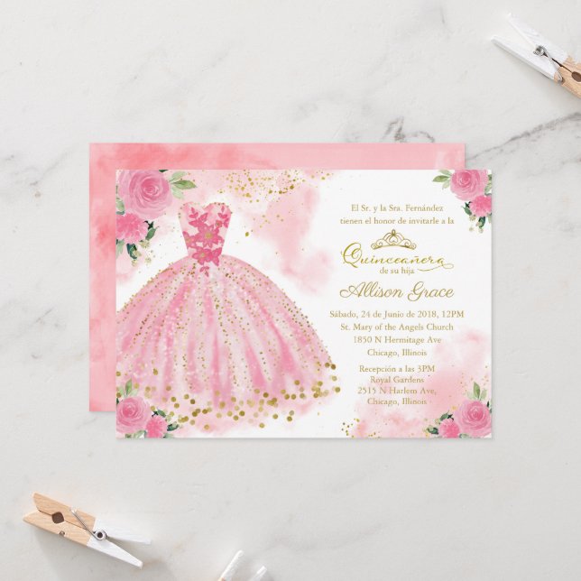 Quinceanera Invitation Spanish Hot Pink Gold (Front/Back In Situ)