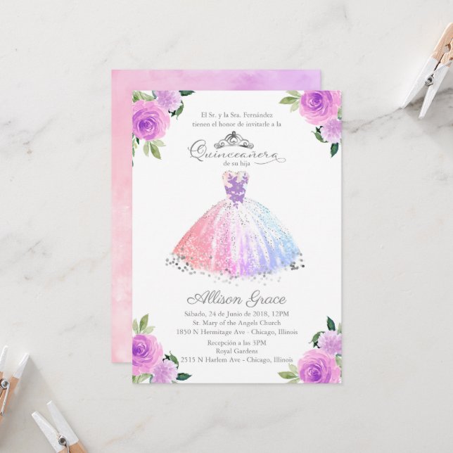 Quinceanera Invitation Spanish Pastel Colours Gown (Front/Back In Situ)