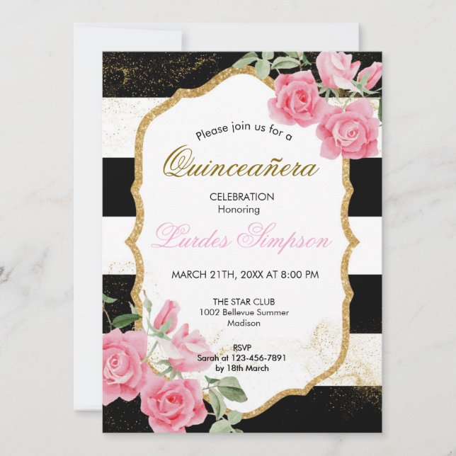  Quinceañera invitation Stripe Floral (Front)