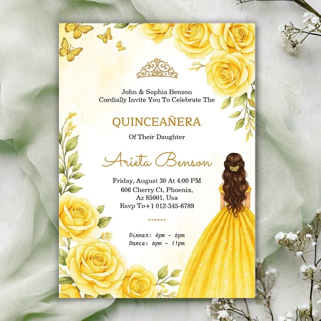 Quinceañera invitation with elegant yellow roses  (Creator Uploaded)