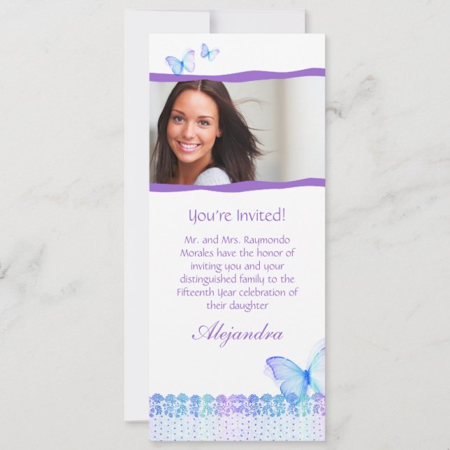 Quinceanera Invitations Butterfly Lace Purple Blue (Front)