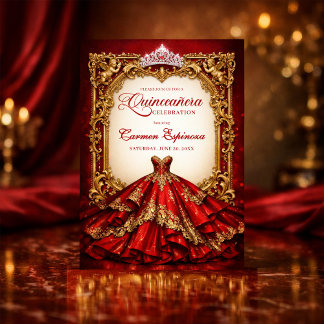 Quinceañera Invitations Red & Gold Royal Ball Gown