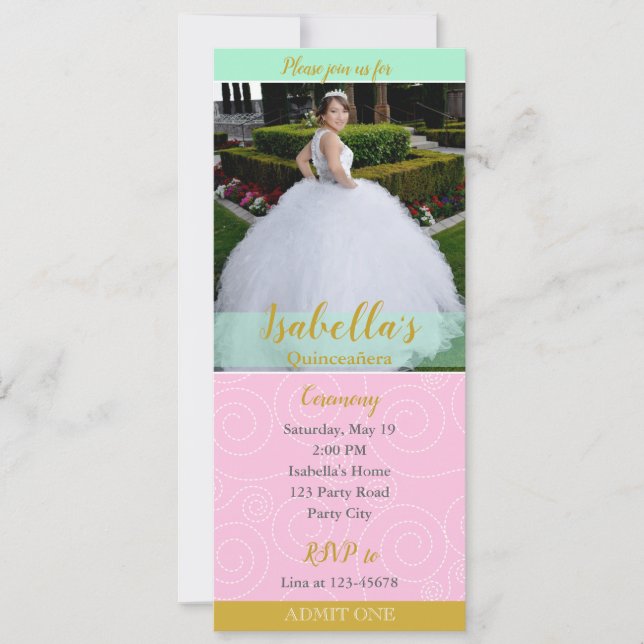 Quinceanera Invitations (Ticket Style with Photo) (Front)