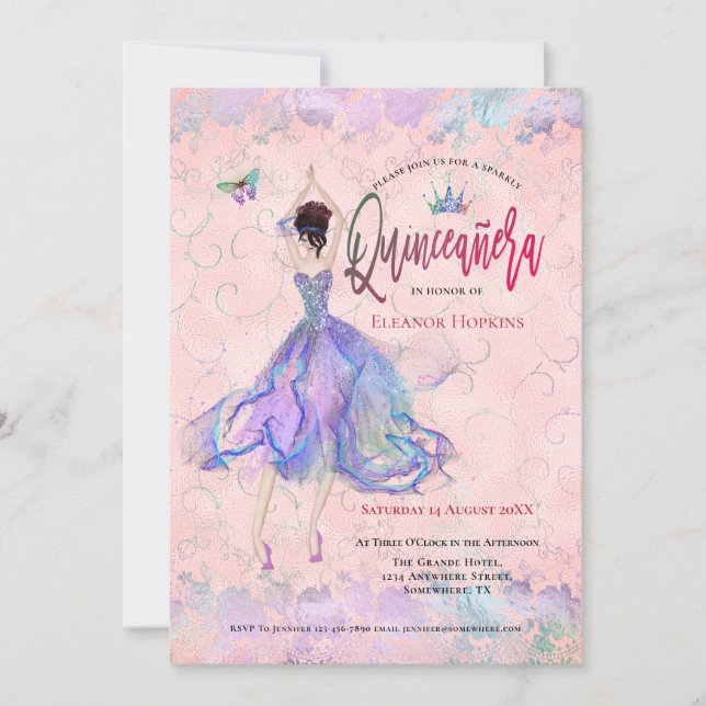 Quinceanera Iridescent Blush Pink Dancing Girl Invitation (Front)