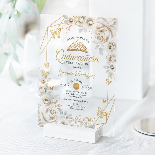 Quinceanera Ivory  Gold Cream Floral Acrylic Invitations (Creator Uploaded)