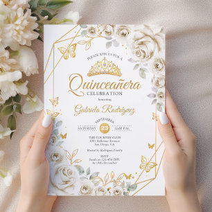 Quinceanera Ivory Gold Cream Floral Invitation