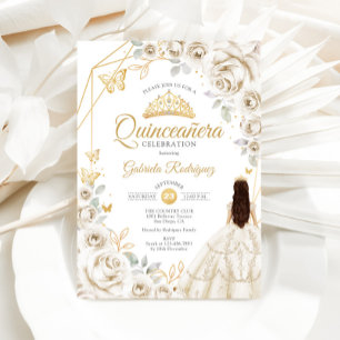 Quinceanera Ivory Gold Cream Gold Floral Dress Invitation