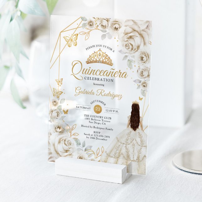 Quinceanera Ivory Gold Cream White Floral Dress Acrylic Invitations (Creator Uploaded)