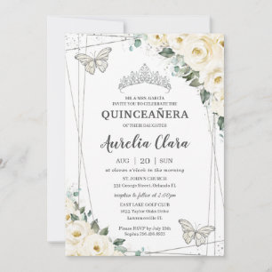 Quinceañera Ivory White Floral Butterflies Crown I Invitation